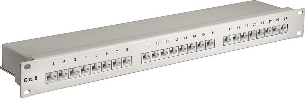 19 Zoll /HE1 Cat.6 Ethernet Patch Panel 24-Port STP Geschirmt, Grau, goobay