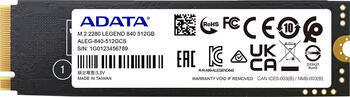 512 GB SSD ADATA LEGEND 840, M.2/M-Key (PCIe 4.0 x4), lesen: 5000MB/s, schreiben: 3400MB/s SLC-Cached, TBW: 325TB