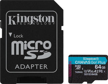 64 GB Kingston Canvas Go! Plus microSDXC Kit Speicherkarte, lesen: 90MB/s, schreiben: 70MB/s