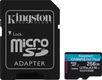 256 GB Kingston Canvas Go! Plus microSDXC Kit Speicherkarte, lesen: 170MB/s, schreiben: 90MB/s