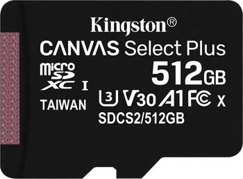512 GB Kingston Canvas Select Plus microSDXC Speicherkarte, lesen: 100MB/s, schreiben: 85MB/s