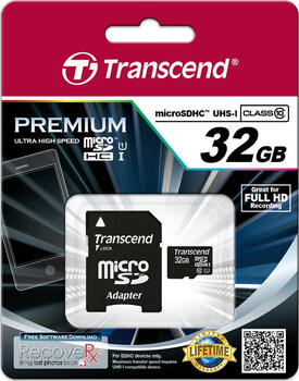 32GB Transcend Premium Kit Class10 microSDHC Speicherkarte 