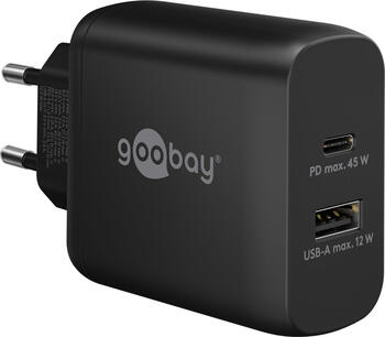 Goobay PD Dual-Schnellladegerät (45 W) schwarz, 1x USB-C-Anschluss (Power Delivery) und 1x USB-A-Anschluss