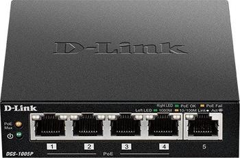 D-Link DGS-1000 Desktop Gigabit Switch, 5x RJ-45, PoE+, Backplane: 10Gb/s, lüfterlos, Metallgehäuse