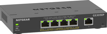 Netgear GS305EP, Switch schwarz Switch 10/100/1000 MBit/s 5x RJ-45 (LAN) gesamt, 4x davon POE-fähig