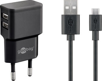 goobay 2,4 A USB 2.0-Netzteil Dual Set, schwarz, inkl. 1m Micro USB Kabel