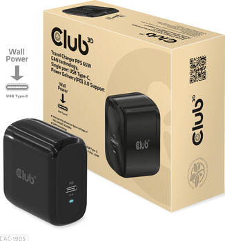 CLUB3D Travel Charger PPS 65W GAN technology, Single port USB Type-C, Power Delivery(PD) 3.0 Support
