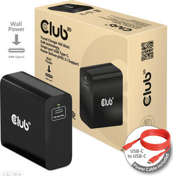 Club 3D Netzteil USB Typ-C 1-fach 140W, USB-PD 3.1 