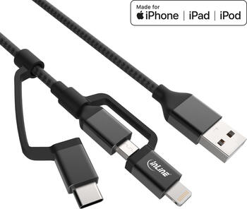1.5m Kombikabel USB A auf USB C/Micro-USB B/Lightning, Schwarz