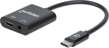Manhattan USB-C auf Klinke Audioadapter mit PD, USB-C Stecker auf 3,5mm Audioport und USB-C (PD)-Port, schwarz