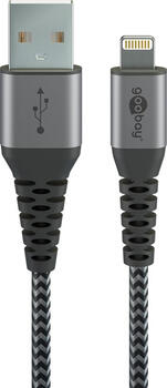 1.0m Lightning auf USB-A Textilkabel mit Metallsteckern, goobay plus, spacegrau/silber