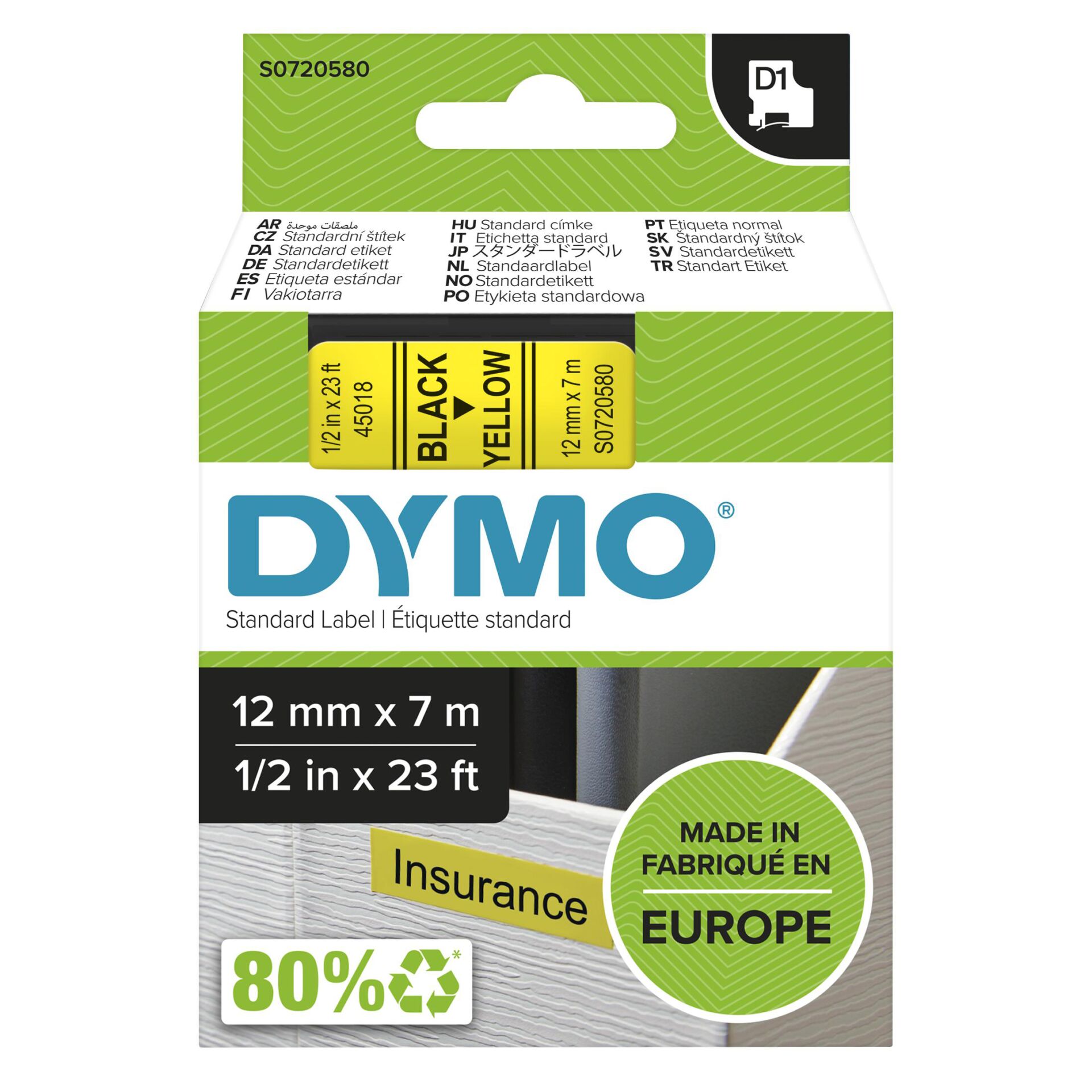 Dymo D1 12mm schwarz/gelb Schriftband 