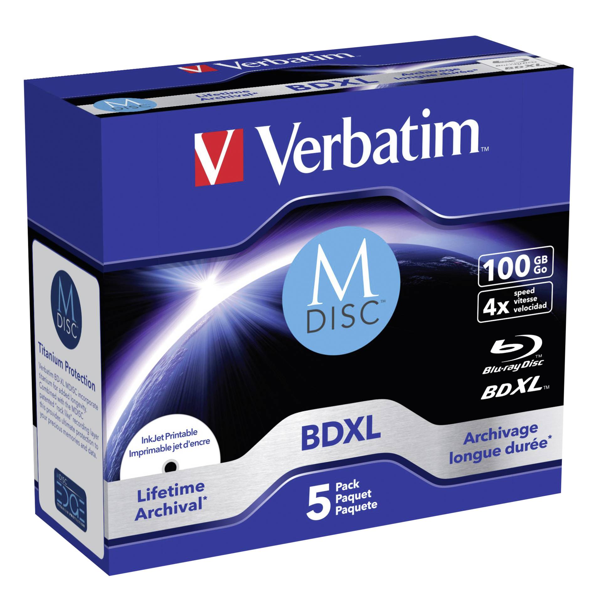 5er Verbatim M-DISC BD-R XL 100GB 4x, Jewelcase Wide Inkjet BDXL