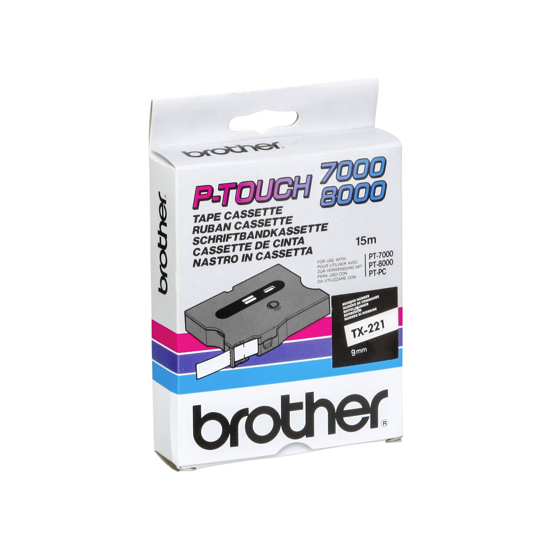 Brother TX221 Schriftbandkassette 9mm schwarz auf weiß 