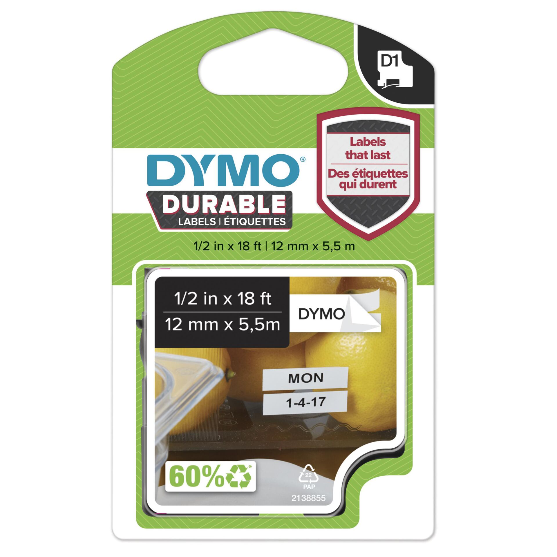 Dymo D1 Durable Beschriftungsband 12mm, schwarz/weiß 