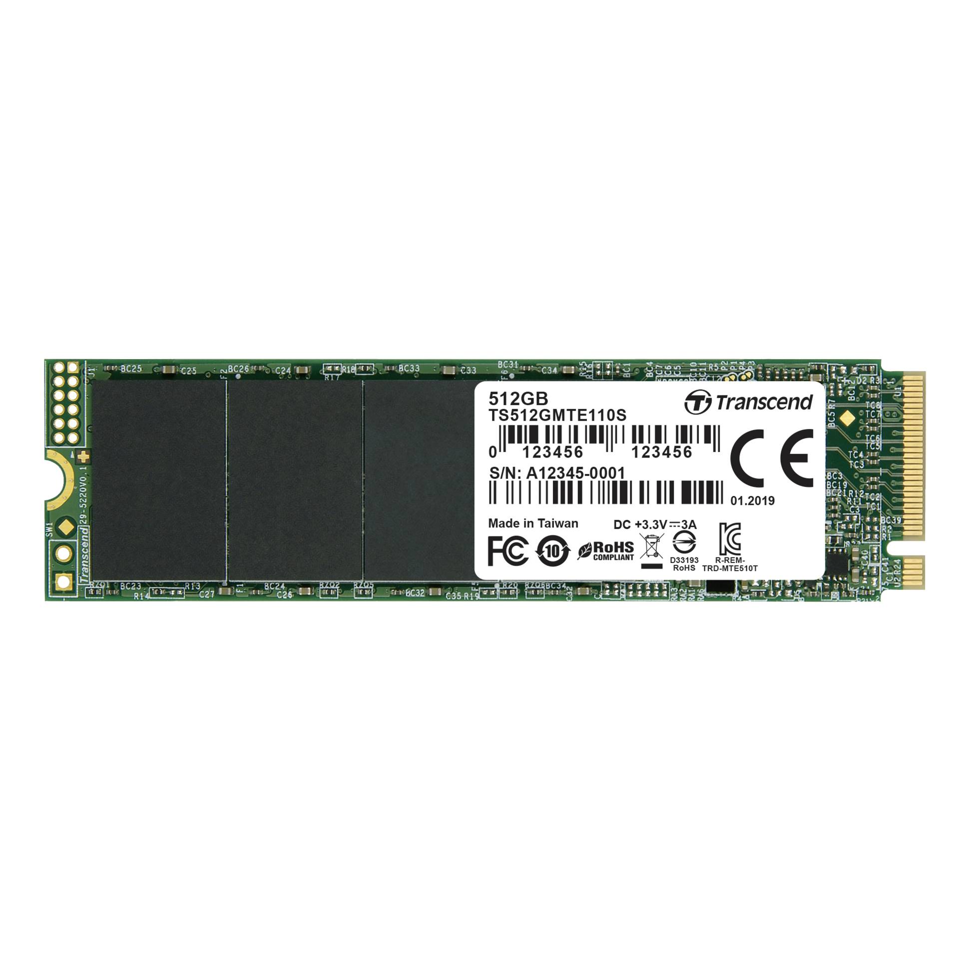 512 GB SSD Transcend MTE110S SSD, M.2/M-Key (PCIe 3.0 x4), lesen: 1700MB/s, schreiben: 1500MB/s, TBW: 200TB