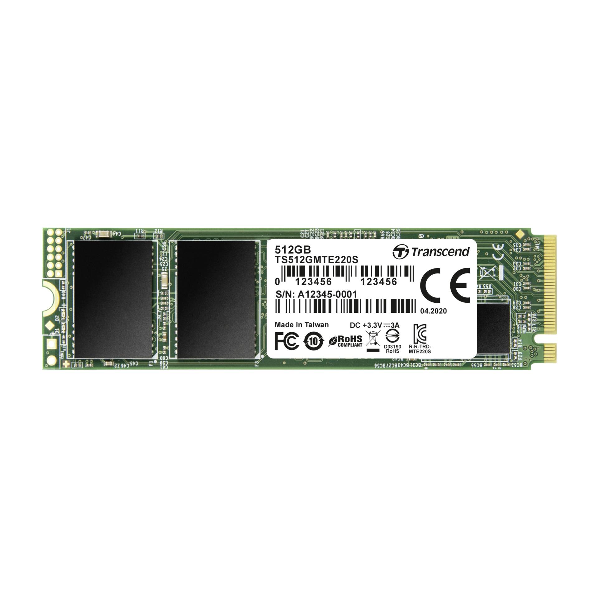 512 GB SSD Transcend PCIe SSD 220S, 80mm M.2 NVMe PCIe 3.0 lesen: 570MB/s, schreiben: 470MB/s, TBW: 1.18PB