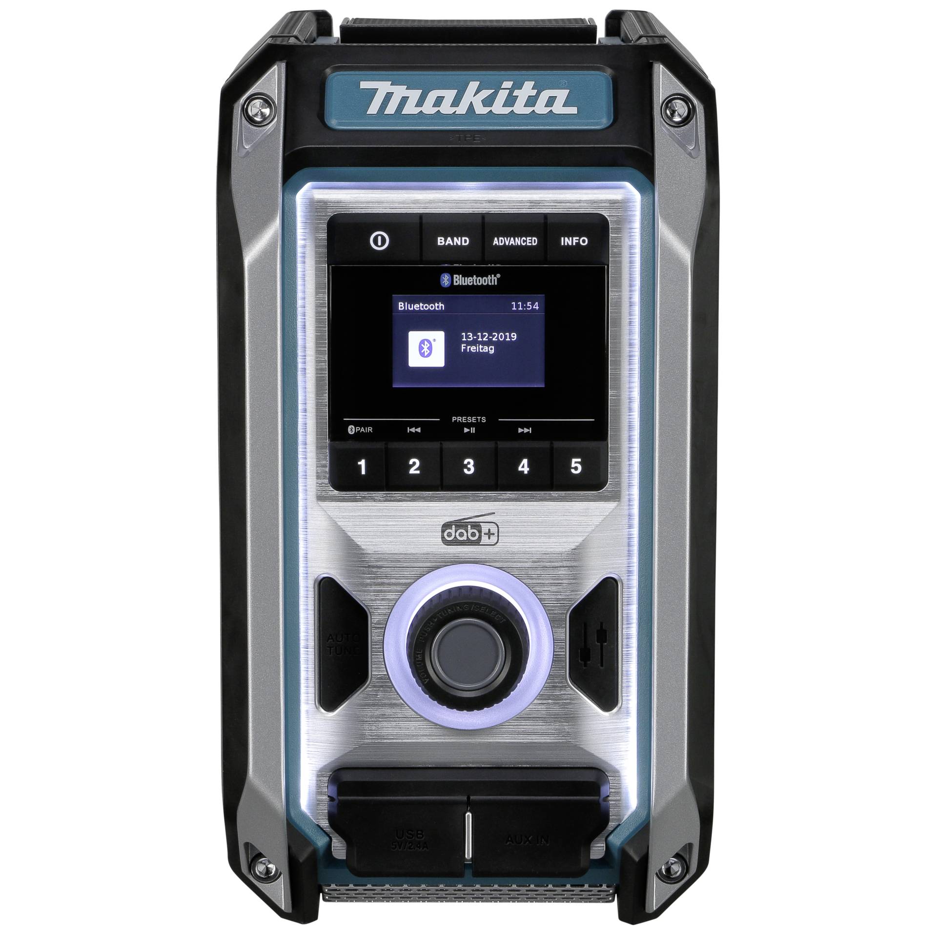 Makita DMR115 Baustellenradio solo, Subwoofer 2x 5W, AUX In (3.5mm), UKW, DAB, DAB+, Bluetooth, USB