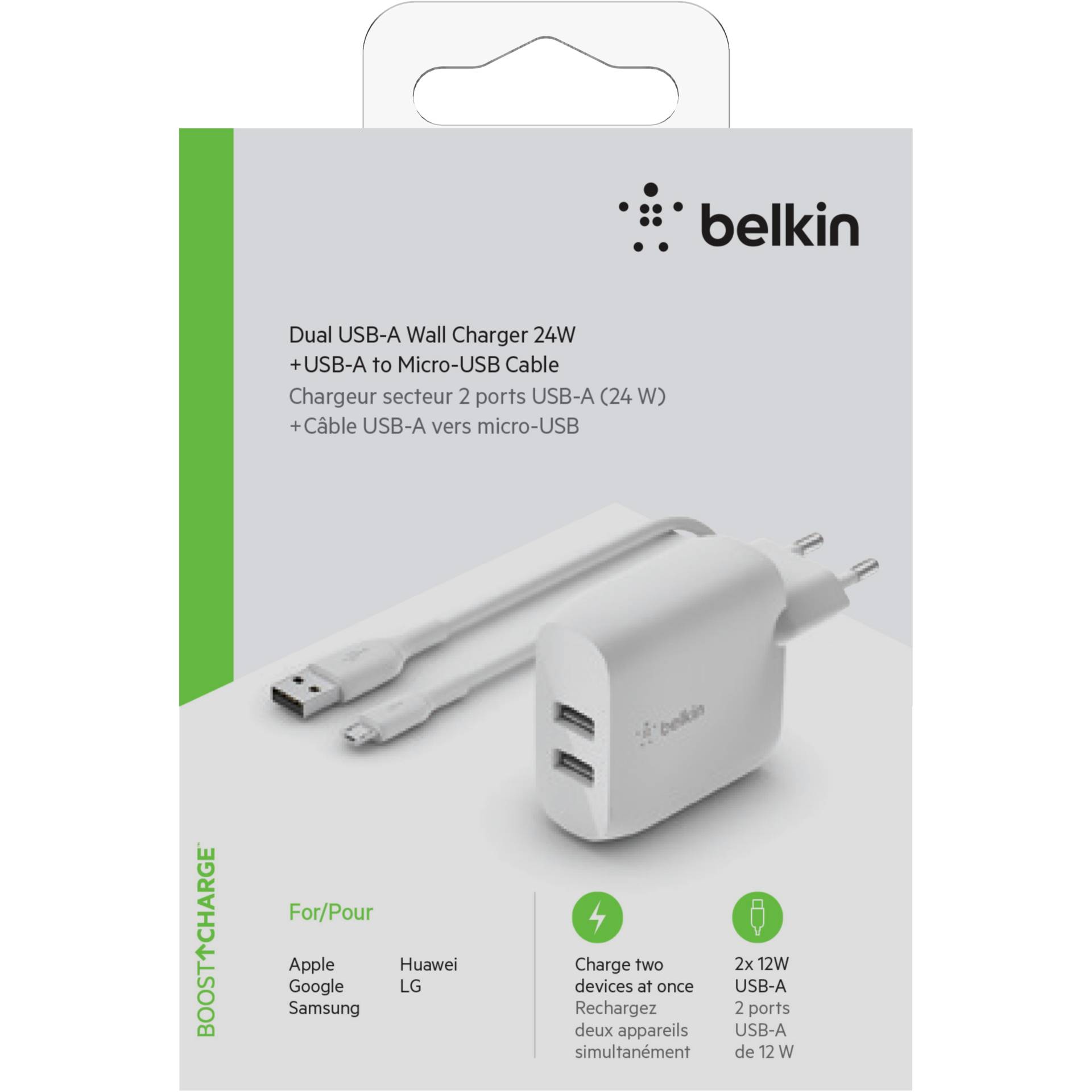 Belkin BoostCharge Dual USB-A Netzladegerät 24W + Micro-USB-Kabel weiß