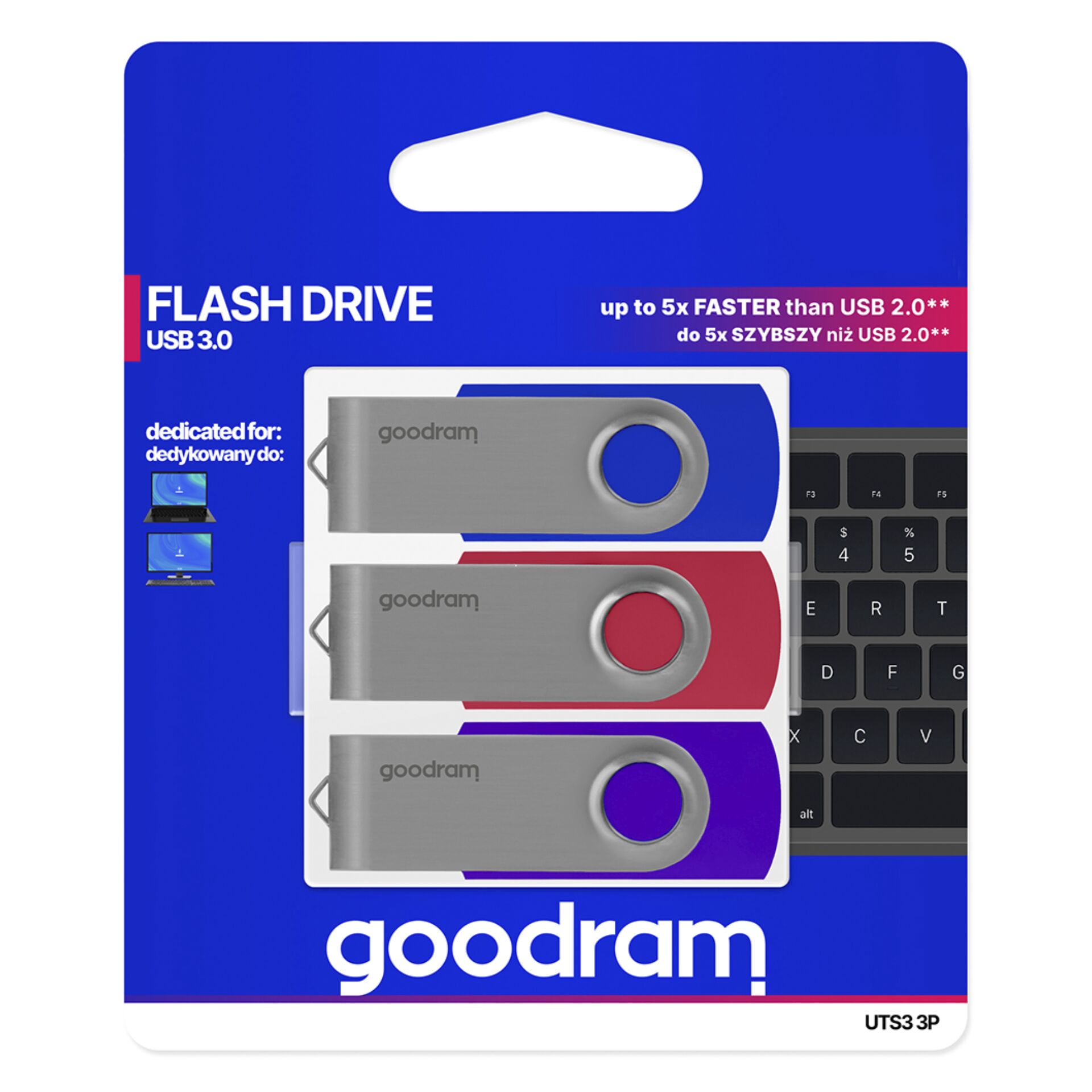 64 GB goodram UTS3 Mix blau/rot/violett USB-Stick, USB-A 3.0, lesen: 60MB/s, schreiben: 20MB/s