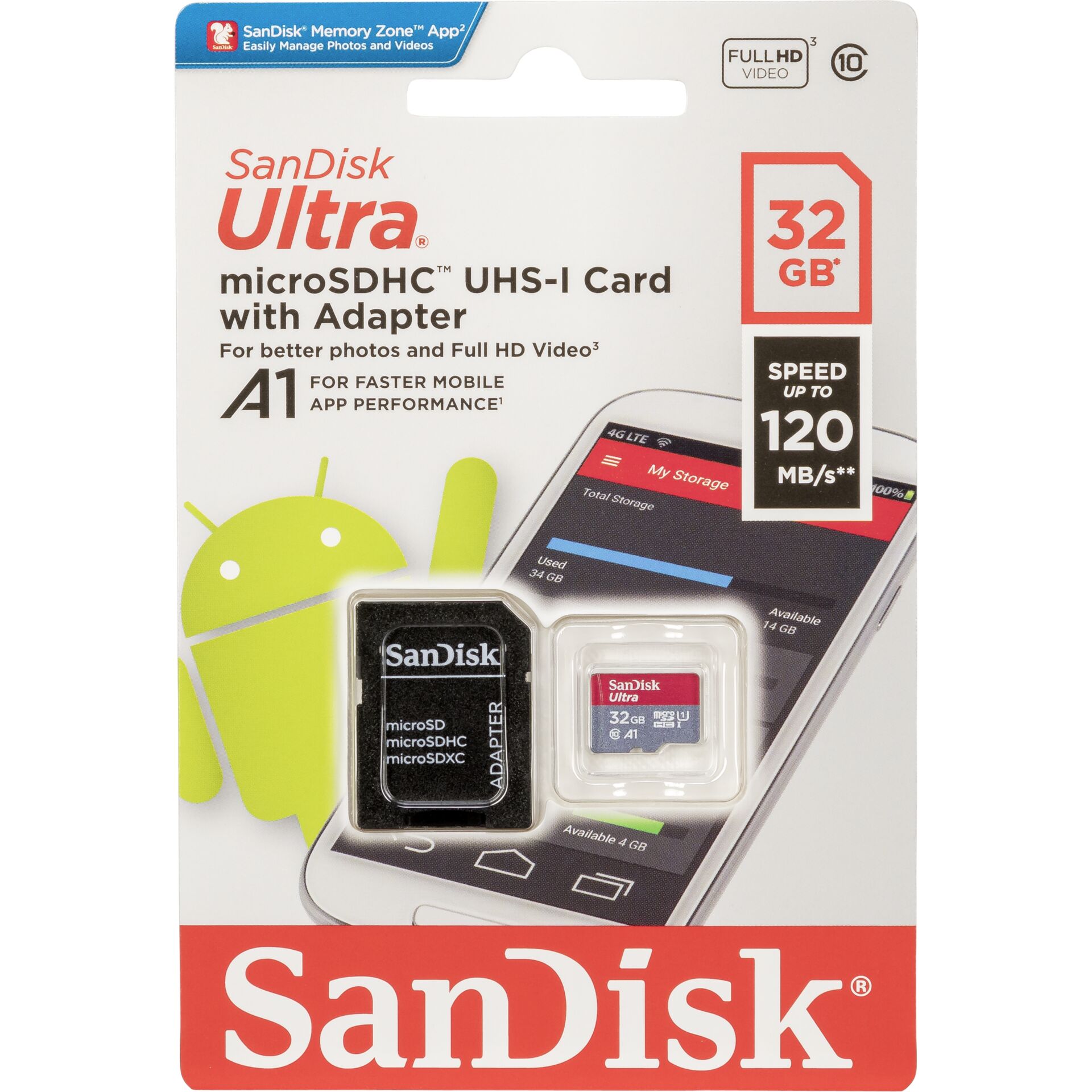 32 GB SanDisk Ultra microSDHC Kit, UHS-I U1, A1, Class 10 lesen: 98MB/s, Speicherkarte