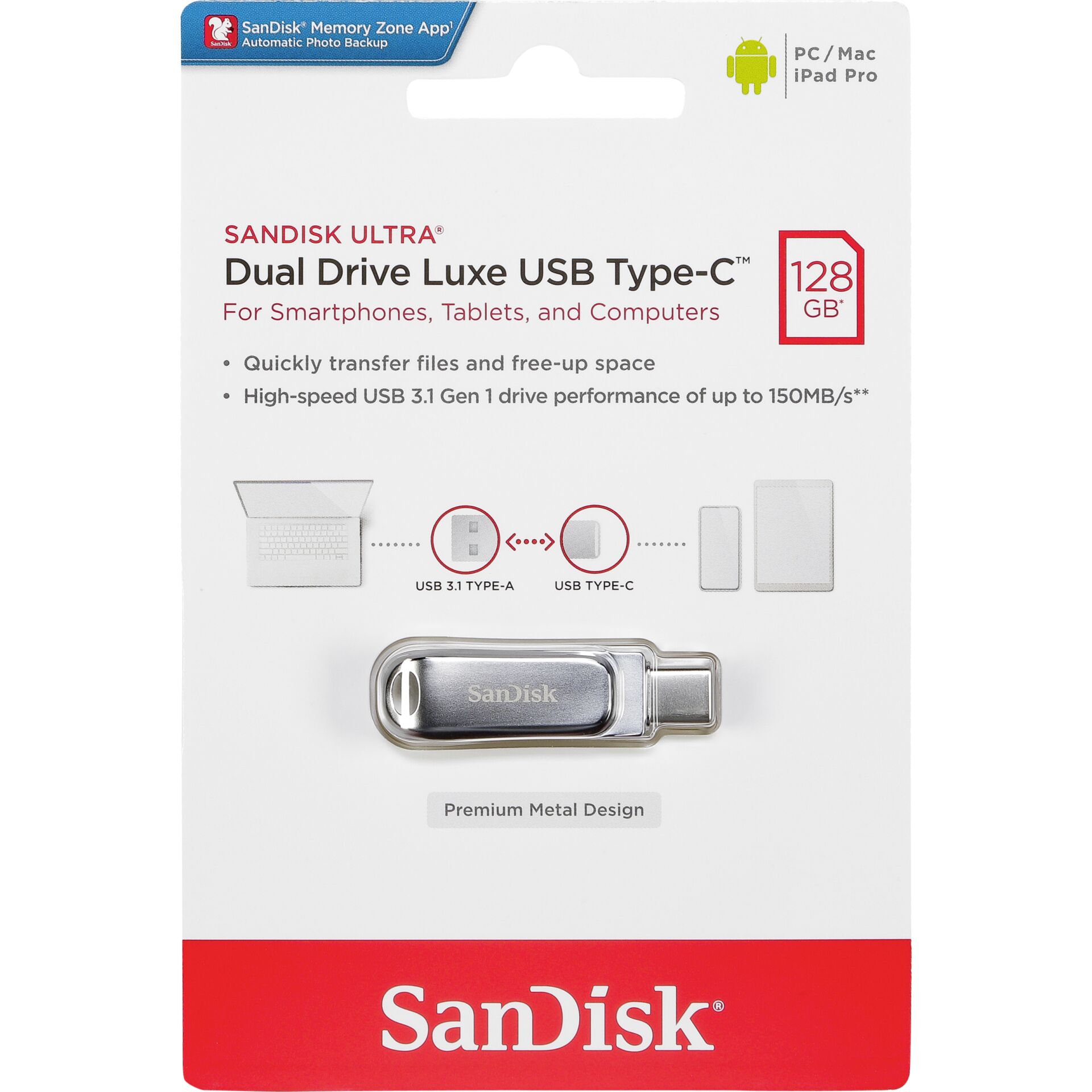 128 GB SanDisk Ultra Dual Drive Luxe USB-Stick, USB-C 3.0, USB-A 3.0, lesen: 150MB/s