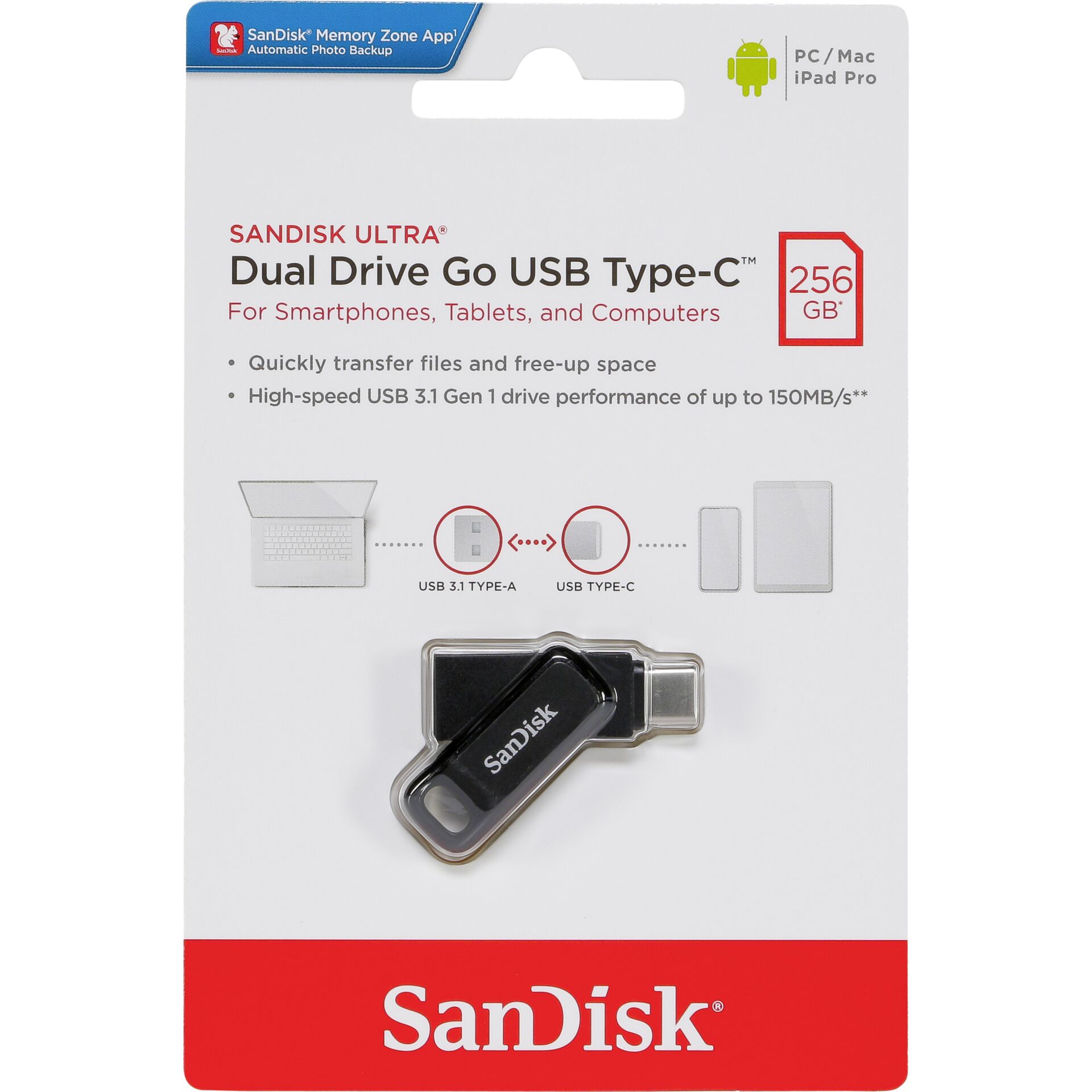 256 GB SanDisk Ultra Dual Drive Go USB Type-C schwarz USB-Stick, USB-C 3.0, USB-A 3.0, lesen: 150MB/s