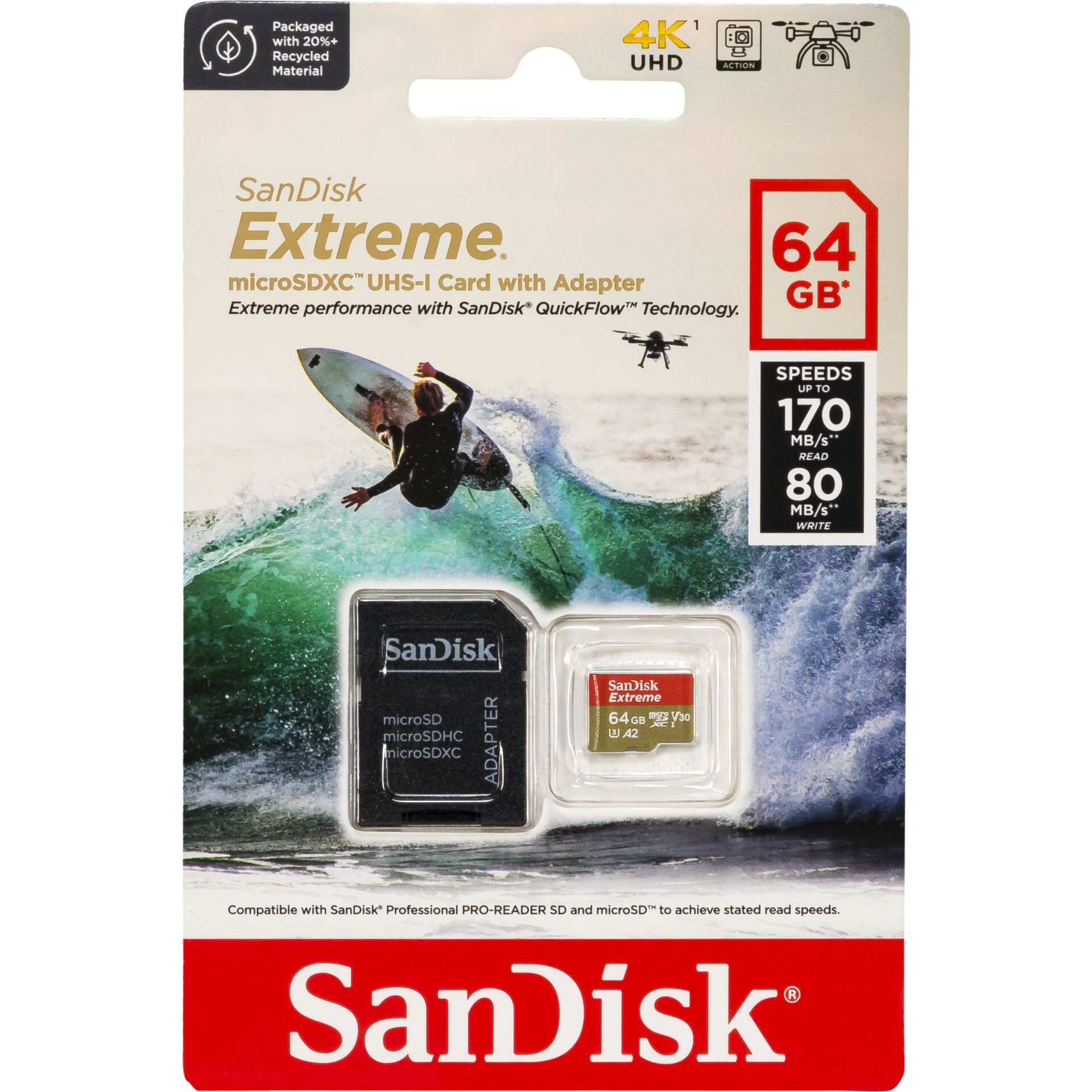 64 GB SanDisk Extreme microSDXC Kit Speicherkarte, lesen: 170MB/s, schreiben: 80MB/s