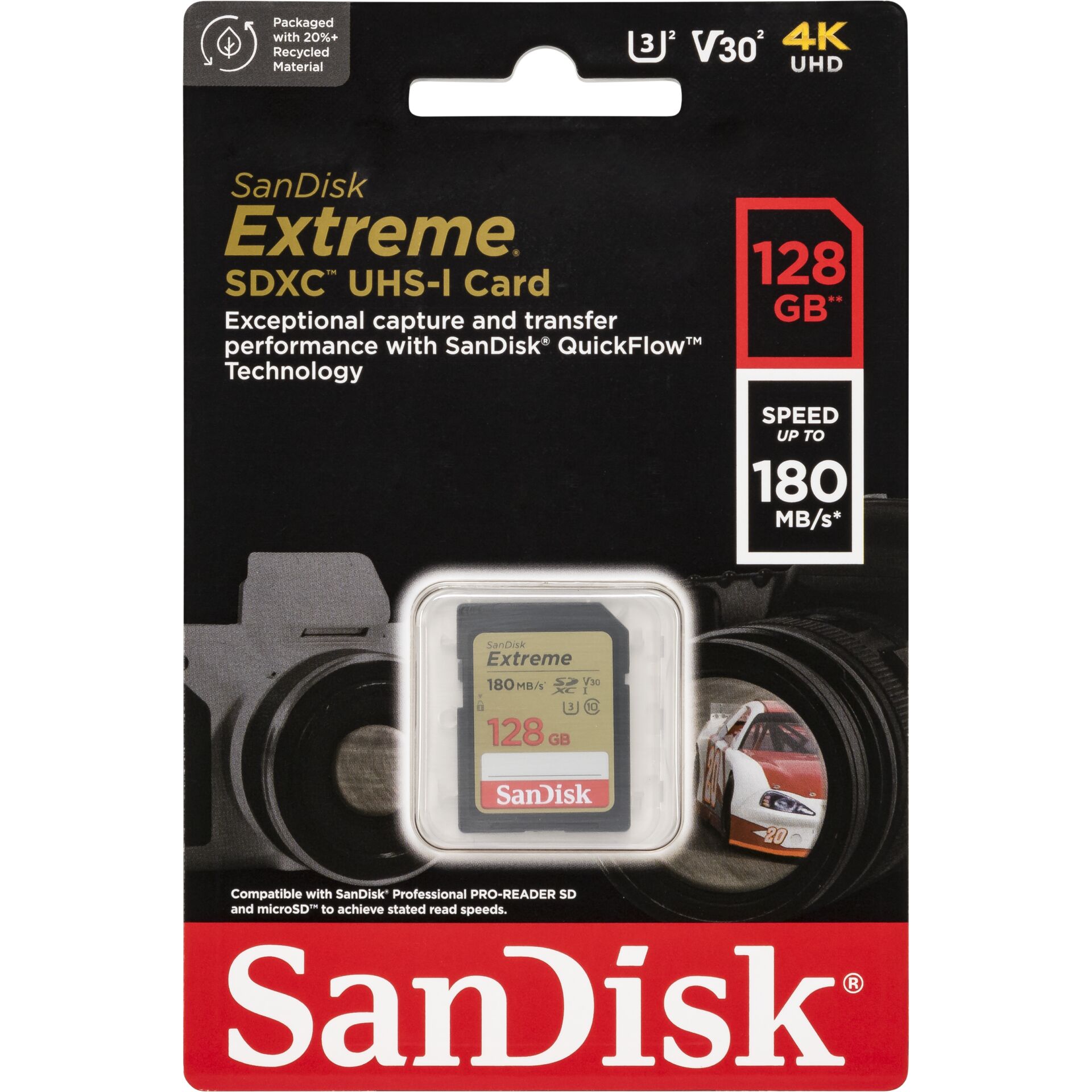 128 GB SanDisk Extreme SDXC Speicherkarte, lesen: 180MB/s, schreiben: 90MB/s