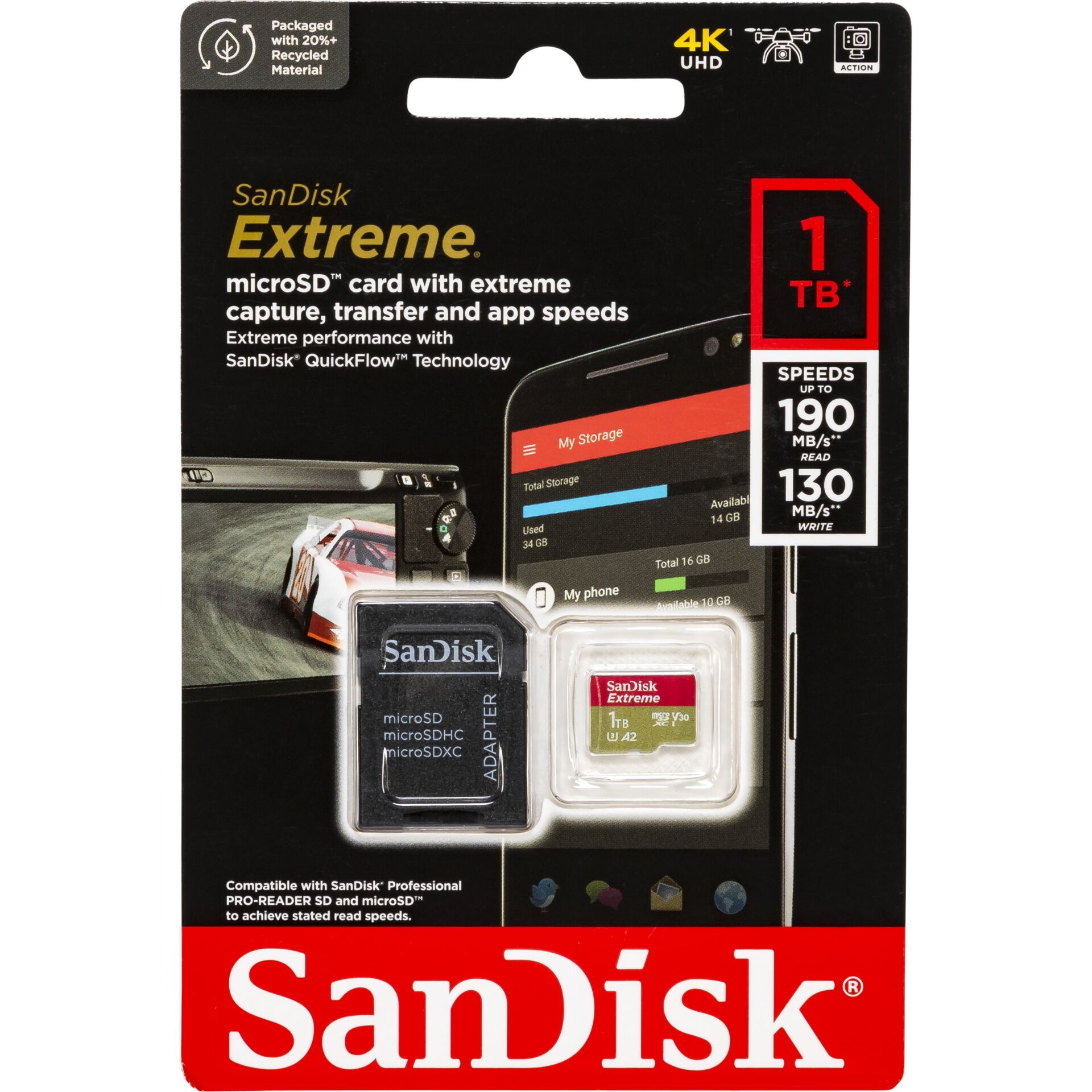 1.0 TB SanDisk Extreme R190/W130 microSDXC Kit, lesen: 190MB/s, schreiben: 130MB/s