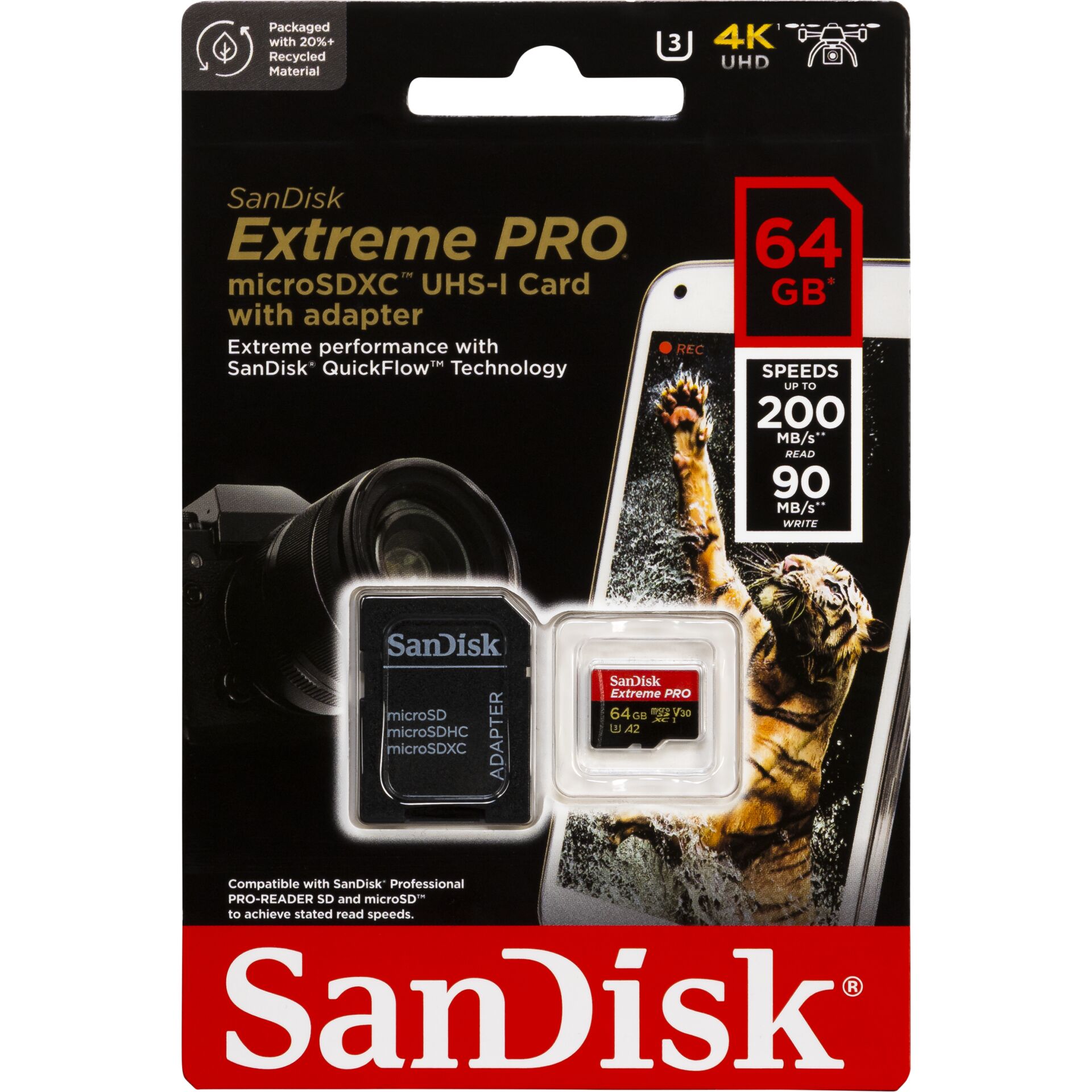 64 GB SanDisk Extreme PRO microSDXC Kit Speicherkarte, USB-A 3.1, lesen: 200MB/s, schreiben: 90MB/s