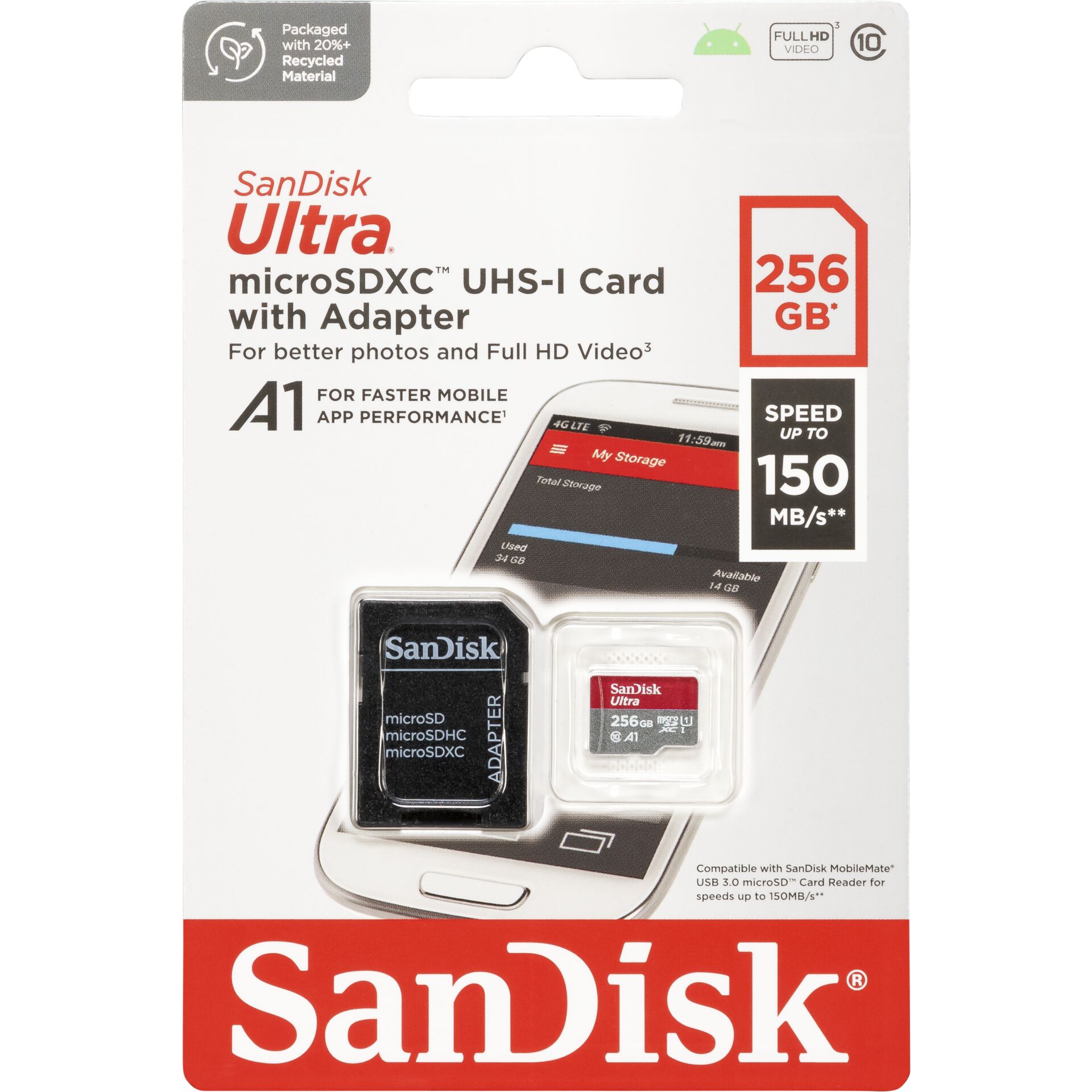 256 GB SanDisk Ultra microSDXC Kit UHS-I U1 Speicherkarte, 1x USB-C (Buchse), lesen: 150MB/s