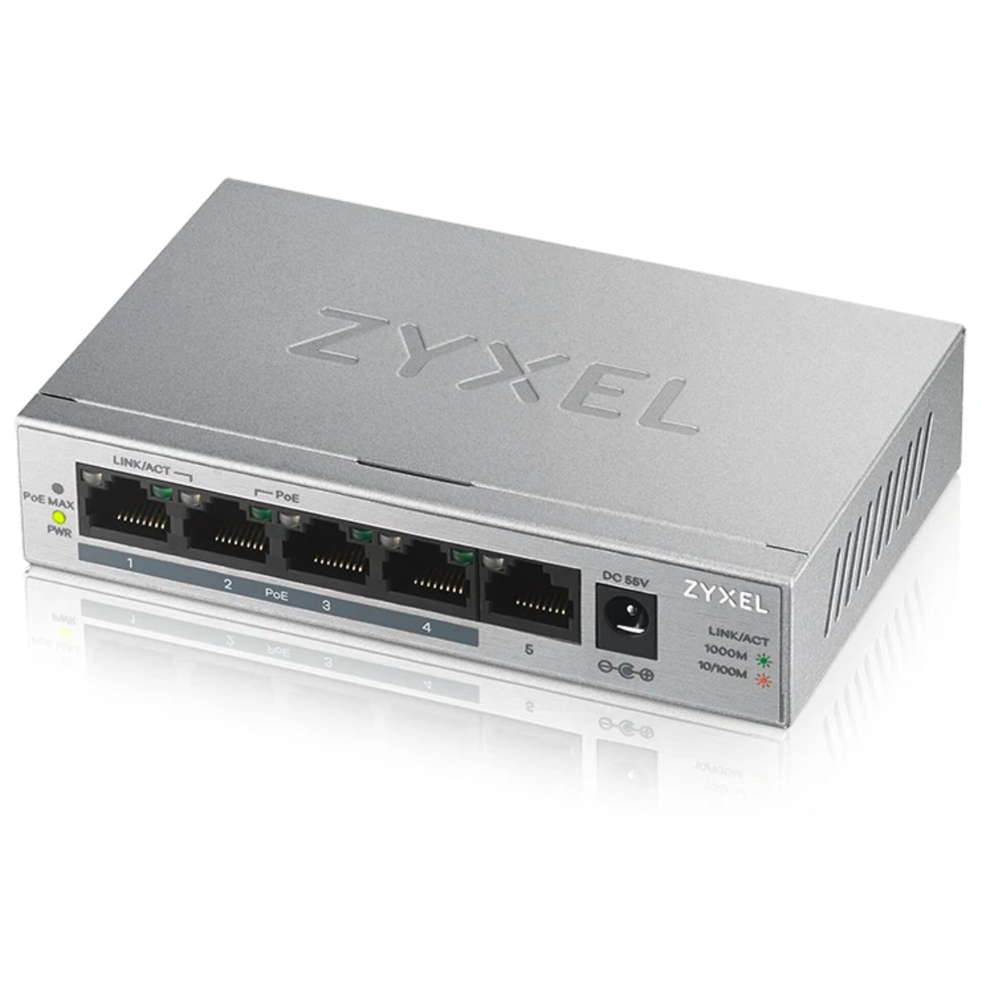 ZyXEL GS1000 Desktop Gigabit Switch, 5x RJ-45, PoE+, Backplane: 10Gb/s, lüfterlos, Metallgehäuse