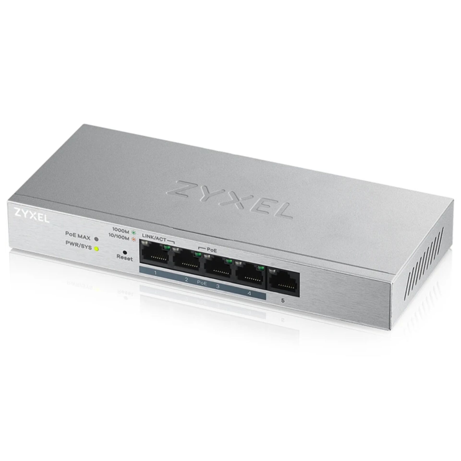 ZyXEL GS1200 Desktop Gigabit Smart Switch, 5x RJ-45, PoE+, V2, Backplane: 10Gb/s, lüfterlos, Metallgehäuse