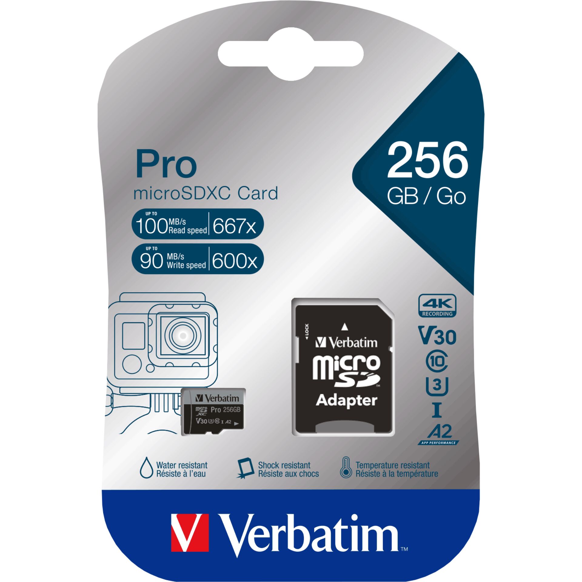 256 GB Verbatim Pro U3 microSDXC Kit Speicherkarte, USB-A 3.0, lesen: 100MB/s, schreiben: 90MB/s