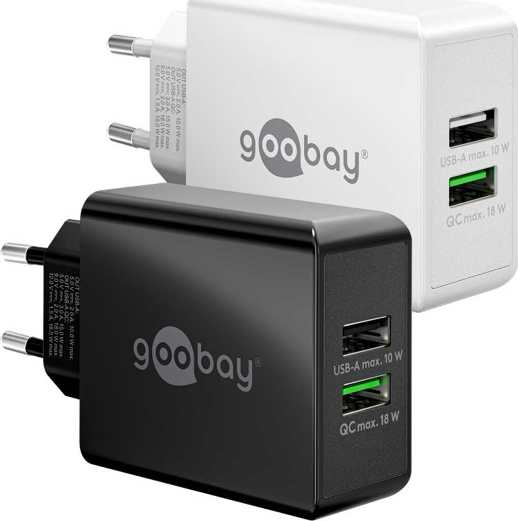 goobay Dual-USB Schnellladegerät QC3.0 28W schwarz lädt bis zu 4x schneller als Standardladegeräte
