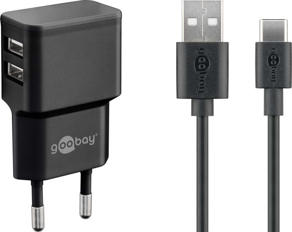 Goobay USB-Dual-Ladeset, USB-C, 2,4A, 12W, für Mobilgeräte Indoor schwarz