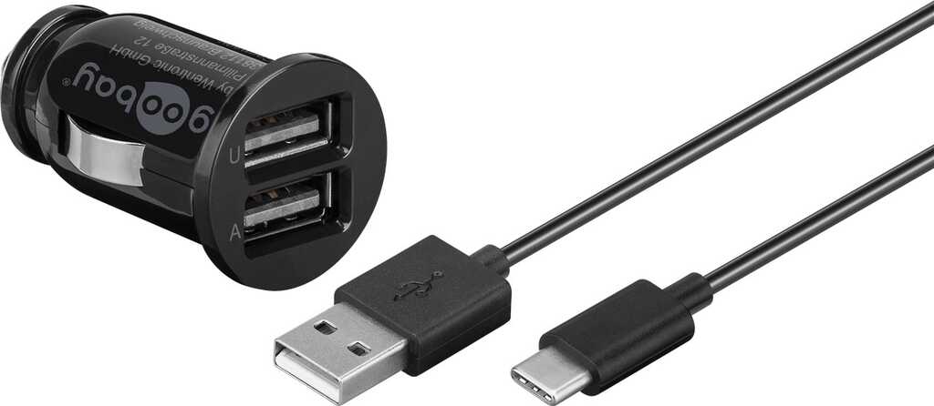 Goobay Dual-USB Auto-Ladeset USB-C, USB-A (12 W) Kfz-Ladeadapter mit 2x USB-A-Anschlüssen, USB-C-Kabel, 1 m, schwarz