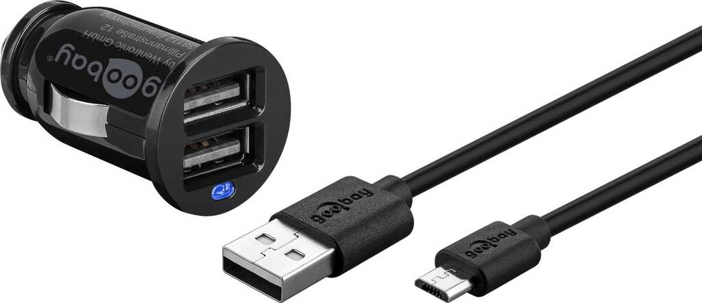 Goobay Micro USB Auto-Ladeset (12 W) Kfz-Ladeadapter mit 2x USB-Anschlüssen, Micro-USB-Kabel, 1 m, schwarz