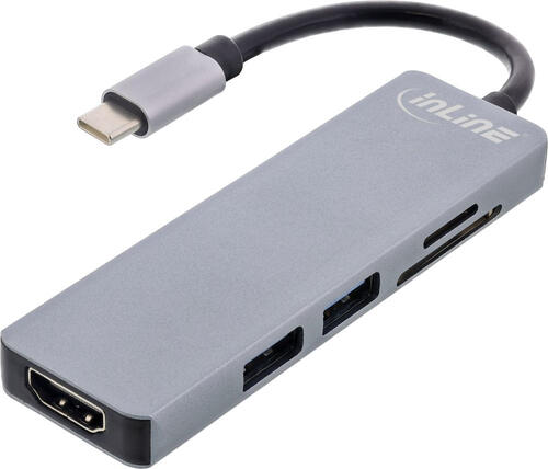 InLine Multi-Hub USB 3.2 Gen.1, 2x USB-A, HDMI 4K/30Hz, Cardreader, Alu, grau