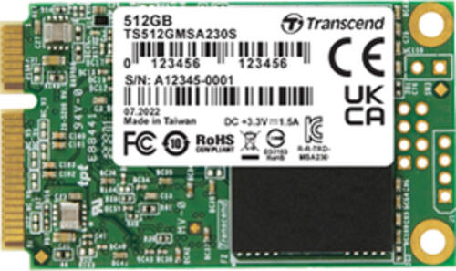 512 GB SSD Transcend MSA230S, mSATA 6Gb/s, lesen: 550MB/s, schreiben: 500MB/s SLC-Cached, TBW: 280TB