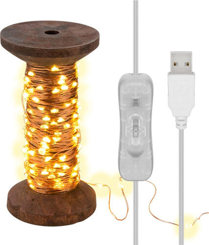 Goobay LED-Lichterkette Garnspule, groß mit USB-Kabel 3 m, Lichterkette 15 m mit 150 Micro-LEDs in Warmweiß