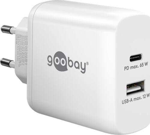 Goobay USB-C PD GaN Dual-Schnellladegerät (65 W) weiß 1x USB-C-Anschluss (Power Delivery) und 1x USB-A-Anschluss