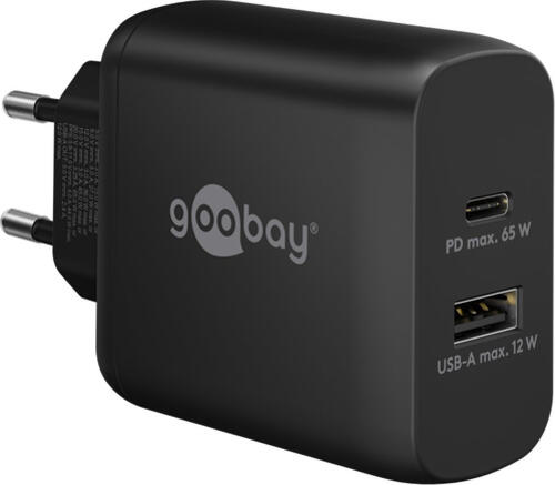 Goobay USB-C PD GaN Dual-Schnellladegerät (65 W) schwarz 1x USB-C-Anschluss (Power Delivery) und 1x USB-A-Anschluss
