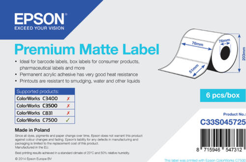 Epson Premium Matte Label - Die-cut Roll: 76mm x 51mm, 2310 labels