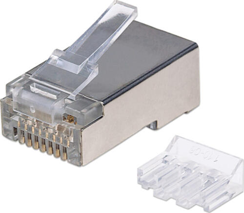 Intellinet 90er-Pack Cat6A RJ45-Modularstecker, STP, 2-Punkt-Aderkontaktierung, für Litzendraht, 90 Stecker im Becher