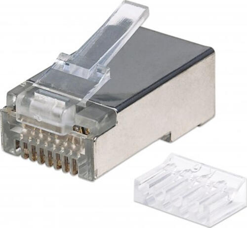 Intellinet 90er-Pack Cat6 RJ45-Modularstecker, STP, 2-Punkt-Aderkontaktierung, für Litzendraht, 90 Stecker im Becher