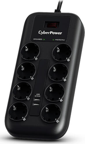 CyberPower PROFESSIONAL P0820SUF0-DE 8-fach Steckdosenleiste - Überspannungsschutz (1050J), Max. 6000V - 22500A, USB Ladegerät 2x (5V/2A), Versicherung 25.000 Euro, 1,8m Kabel, Schalter, schwarz
