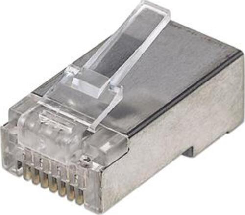Intellinet 100er-Pack Cat5e RJ45-Modularstecker Pro Line, STP, 3-Punkt-Aderkontaktierung, für Litzen- und Massivdraht, 100 Stecker im Becher, 50  vergoldete Kontakte