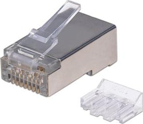 Intellinet 70er-Pack Cat6A RJ45-Modularstecker Pro Line, STP, 3-Punkt-Aderkontaktierung, für Litzen- und Massivdraht, 70 Stecker im Becher, 50  vergoldete Kontakte